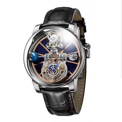 PINDU Design Man Wristwatch Transparent Hollow Design Celestial Roulette Quartz Watches Water Resistant Leather Men's Watch Box