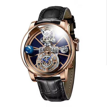PINDU Design Man Wristwatch Transparent Hollow Design Celestial Roulette Quartz Watches Water Resistant Leather Men's Watch Box